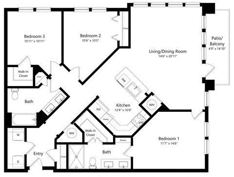 Floor plan for 3 beds, 2 baths, 1436 sqft